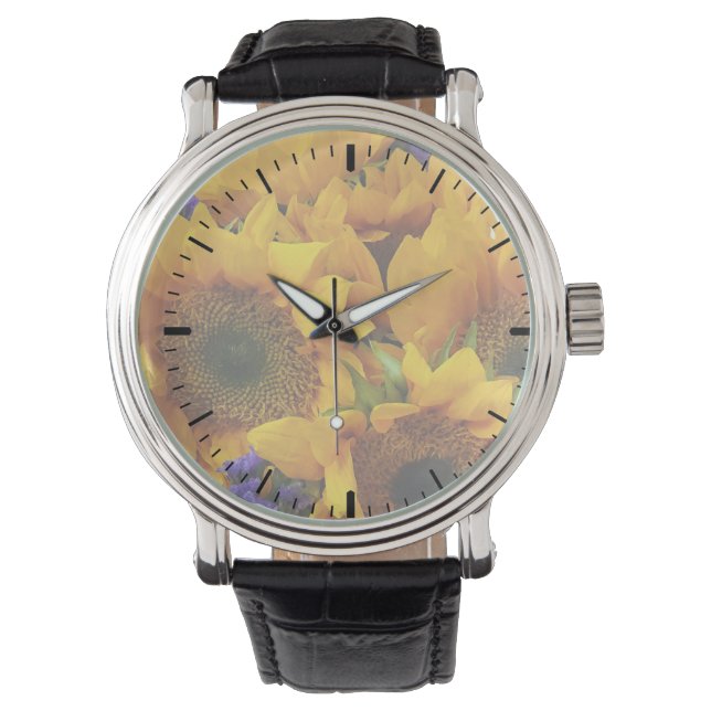 Bouquet mit Sonnenblumen und Lila Statice Armbanduhr (Vorderseite)