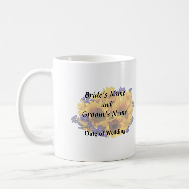 Bouquet mit Sonnenblumen und Lila Statice Kaffeetasse (Links)