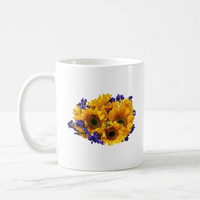 Bouquet mit Sonnenblumen und Lila Statice Kaffeetasse (Links)