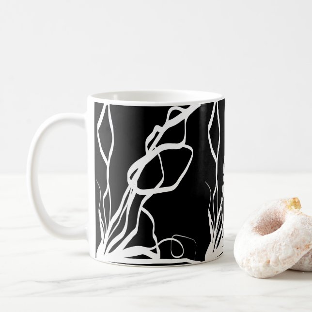 Bouquet Noir: Abstrakt Schwarz & Weiß Kaffeetasse (Mit Donut)