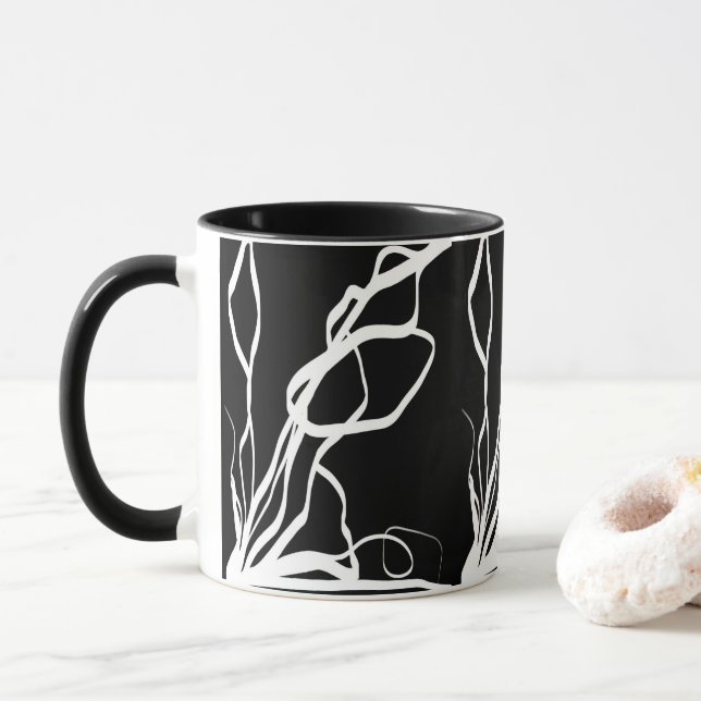 Bouquet Noir: Abstrakt Schwarz & Weiß Tasse (Mit Donut)