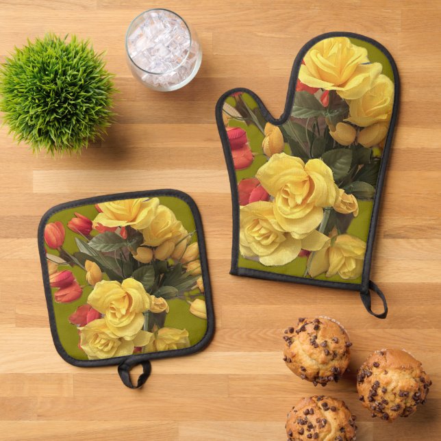 "Bouquet" Oven Mitt & Pot Holder Set (Oben Unten)