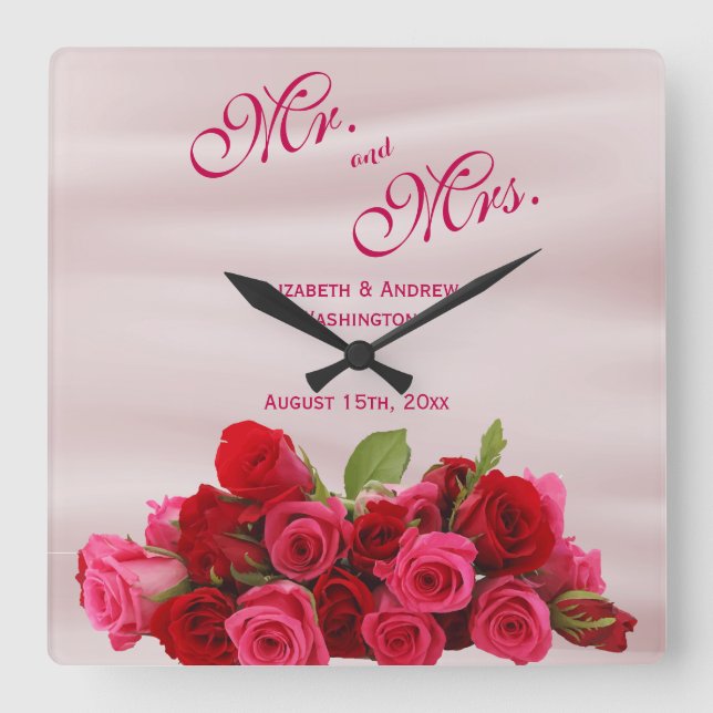 Bouquet romantischer Rote Rosen Hochzeit Quadratische Wanduhr (Vorderseite)