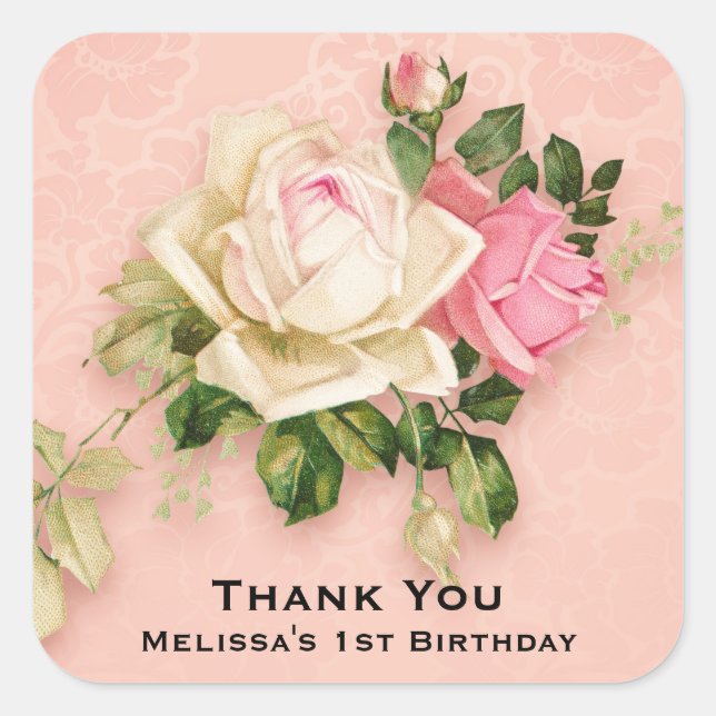 Bouquet rose et rose blanche Sticker Carré d'anniv (Devant)