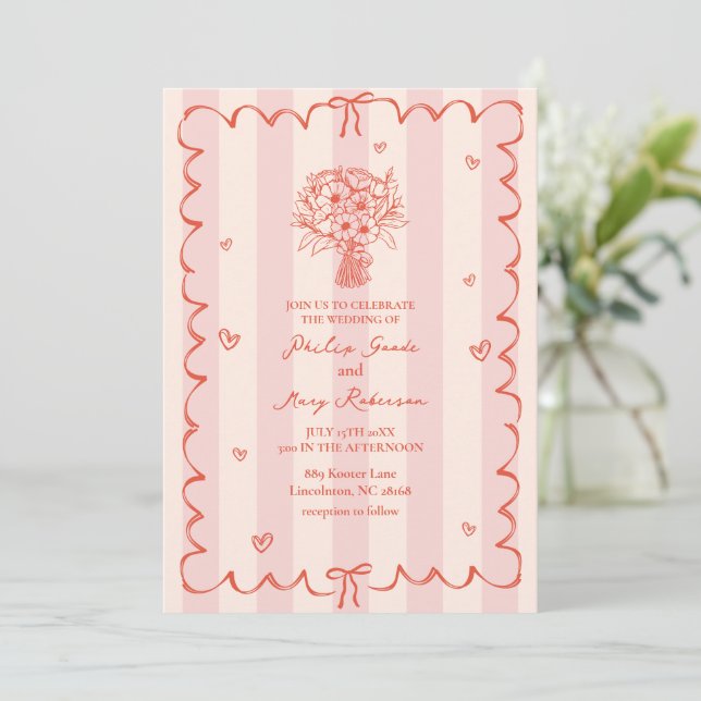 Bouquet Scalloped Pink Streifen tropisch Einladung (Stehend Vorderseite)