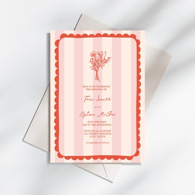 Bouquet Scalloped Rosa Streifen tropische Hochzeit Einladung (Von Creator hochgeladen)