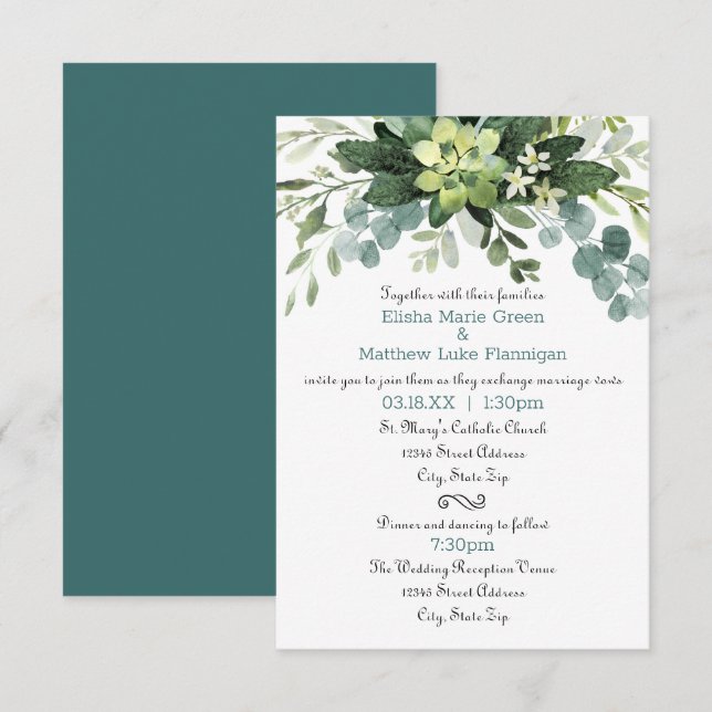 Bouquet Turquoise - Invitation Mariage/Réception 3 (Devant / Derrière)