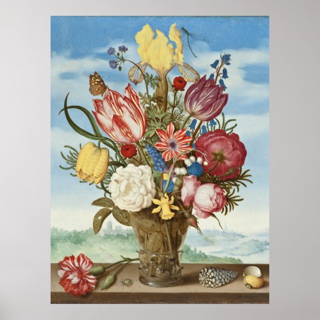 Bouquet von Blume auf einer Ledge Ambrosius Bossch Poster (Vorne)