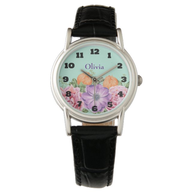 Bouquet von Blume der Wasserfarbe Individuelle Nam Armbanduhr (Vorderseite)