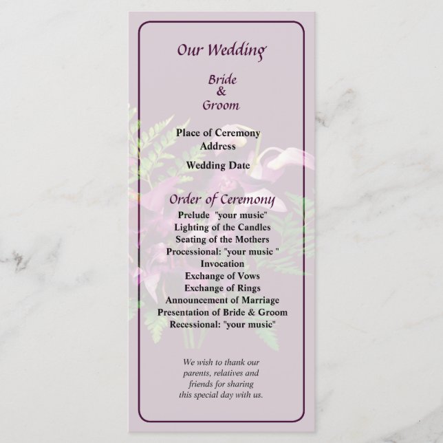 Bouquet von Lila Orchideen und Fern Wedding Progra Programm (Vorderseite)