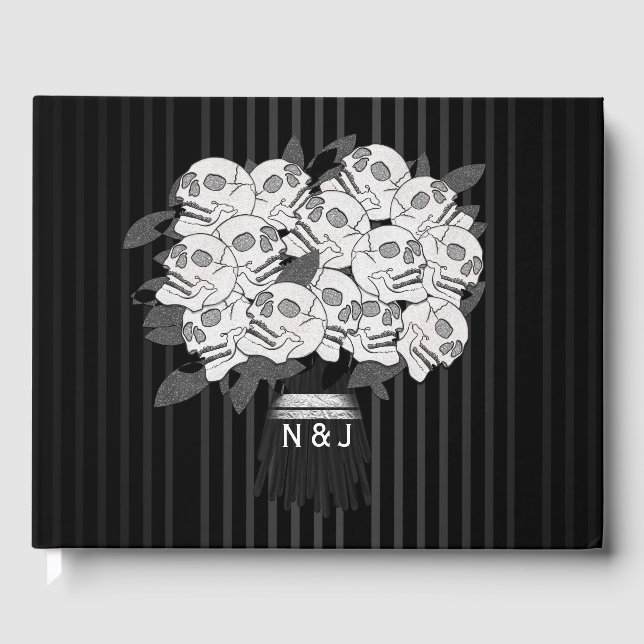 Bouquet von Skull-Rose Black & White Wedding Gästebuch (Vorderseite)