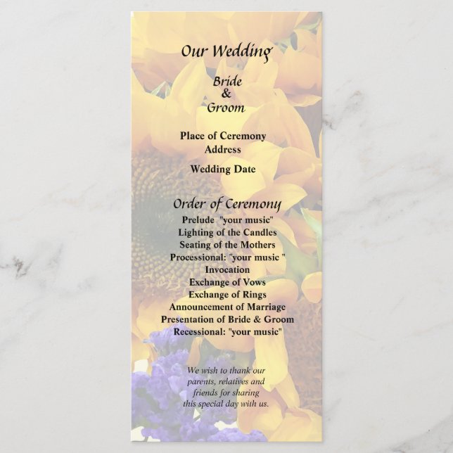 Bouquet von Sonnenblumen und Lila Statice-Programm Programm (Vorderseite)