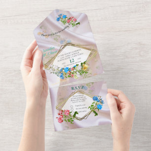 Bouquets von mehrfarbigen Rose auf Seidentexturen All In One Einladung