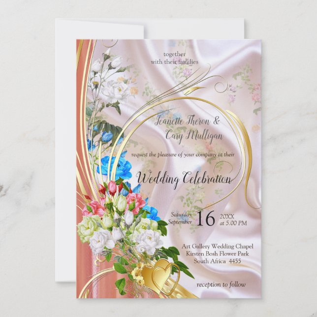 Bouquets von mehrfarbigen Rose auf Seidentexturen Einladung (Vorderseite)