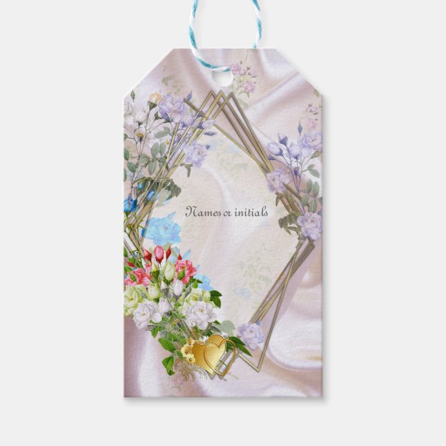Bouquets von mehrfarbigen Rose auf Seidentexturen Geschenkanhänger (Vorderseite)