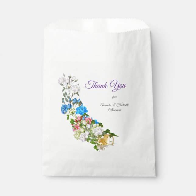 Bouquets von mehrfarbigen Rose auf Seidentexturen Geschenktütchen (Vorderseite)