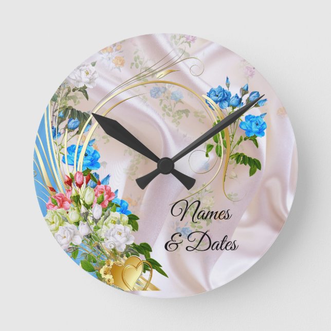 Bouquets von mehrfarbigen Rose auf Seidentexturen Runde Wanduhr (Vorderseite)
