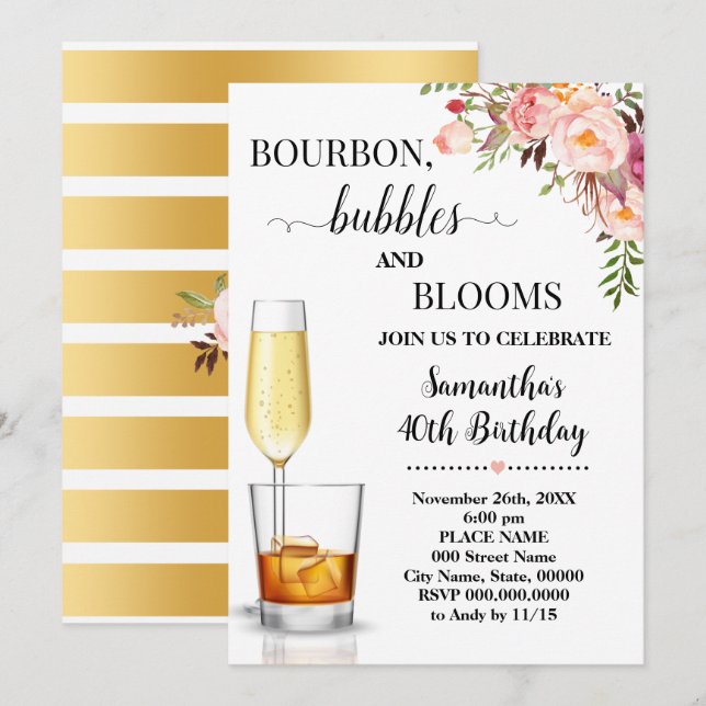 Bourbon, Blasen & Blüten Erwachsene Geburtstag Einladung (Vorne/Hinten)