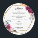 Bourgodys florales Hochzeitmenü für Plättchen Menükarte<br><div class="desc">Modernes und elegantes Design bedruckt Burgundy Blossom Bläserblumen Glitzer Geometric Frame Round Wedding Dinner Menu Card For Plate,  die mit Ihrem Text angepasst werden kann. Karo im Grafikdesign-Store für andere Produkte,  die diesem Design entsprechen!</div>