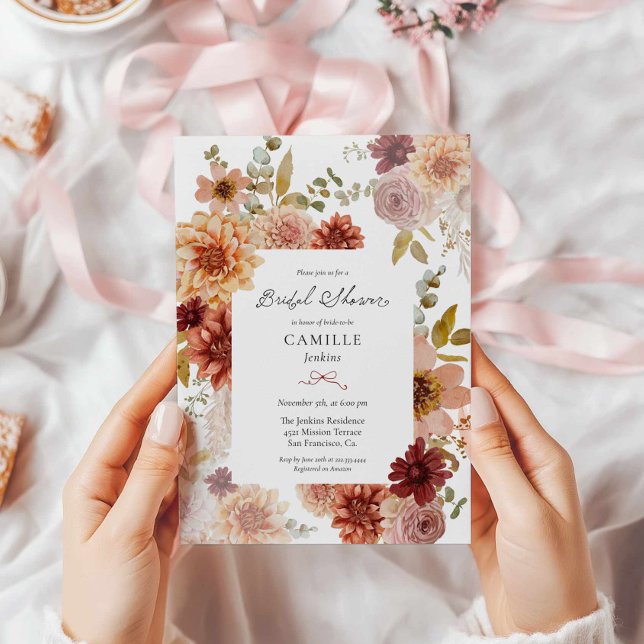 Bourgogne Automne Floral Bridal Show Invitation (Burgundy and Terracotta Floral Fall Bridal Shower Invitation)