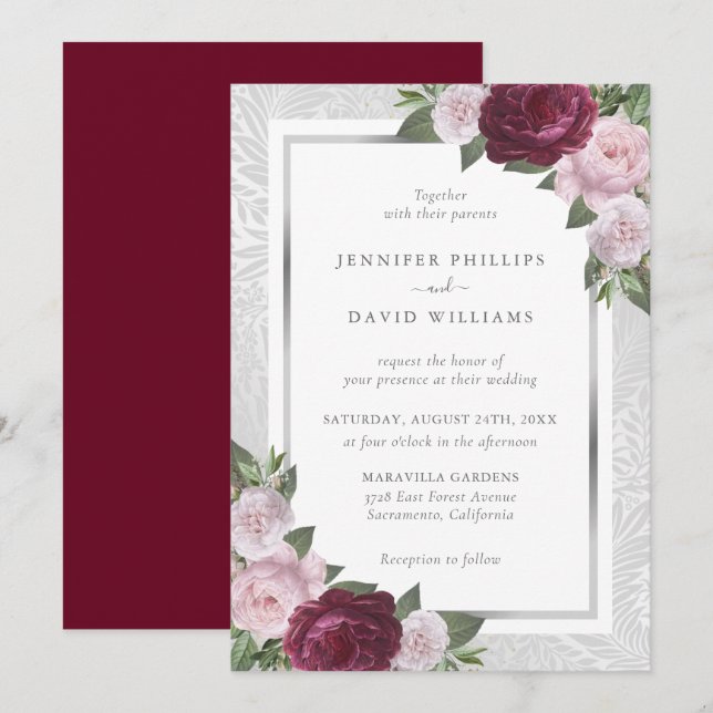 Bourgogne Blush et mariage argenté Invitations (Devant / Derrière)