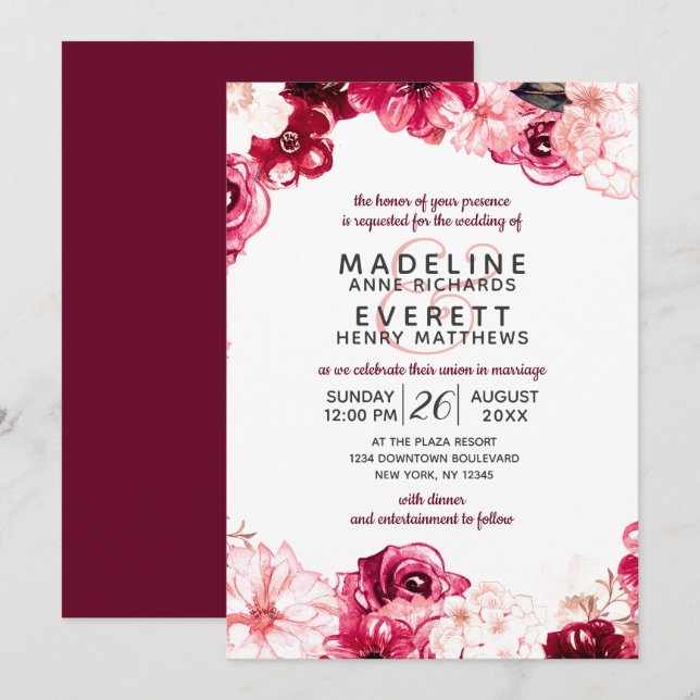 Bourgogne & Blush Floral Border Wedding Invitation (Devant / Derrière)