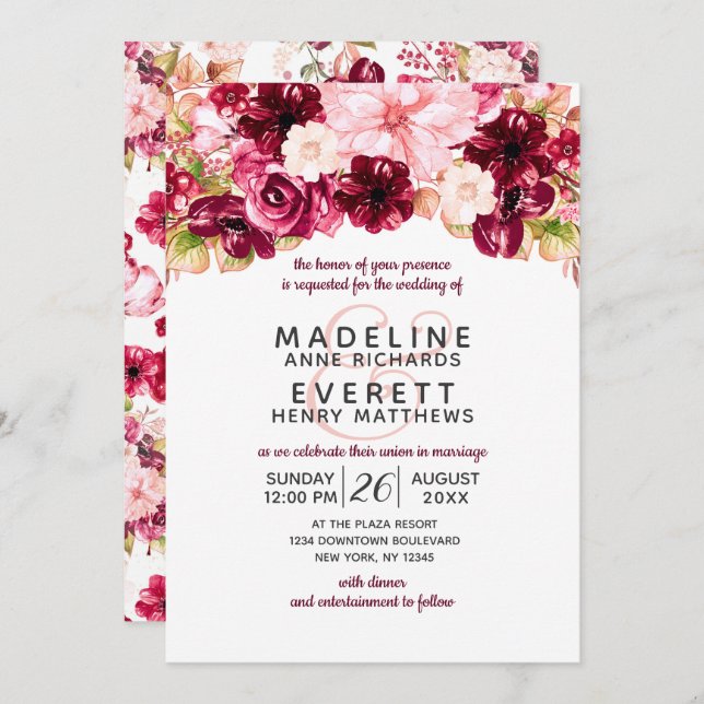 Bourgogne & Blush Floral Drop Wedding Invitations (Devant / Derrière)