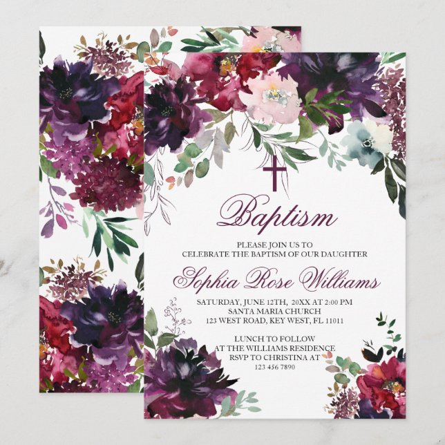 Bourgogne Blush Girl Baptême Invitation (Devant / Derrière)