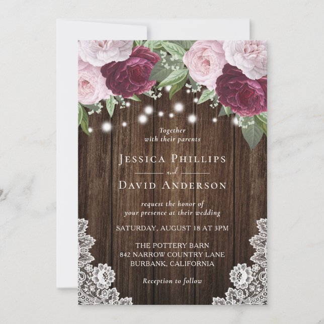 Bourgogne Blush Invitations de mariage botanique (Devant)