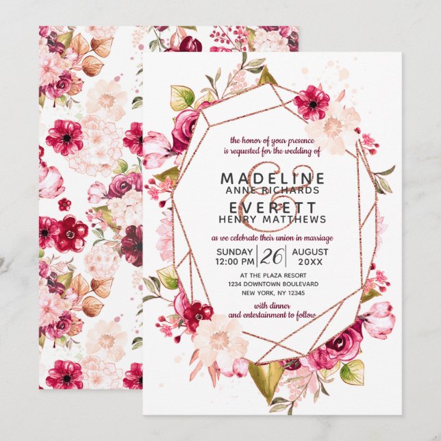 Bourgogne Blush Pink Terrarium Mariage Invitations (Devant / Derrière)