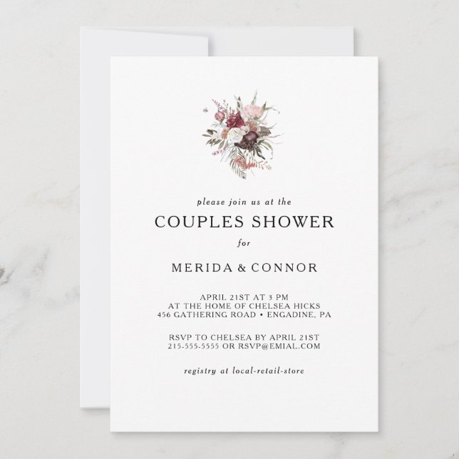 Bourgogne Boho Floral Couples Douche Invitation (Devant)