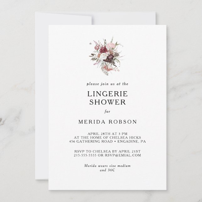 Bourgogne Boho Floral Lingerie Douche Invitation (Devant)
