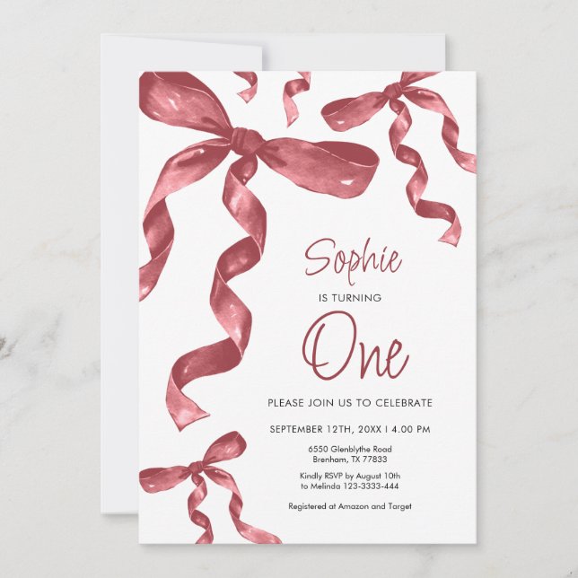 Bourgogne Bow 1er anniversaire Invitation (Devant)