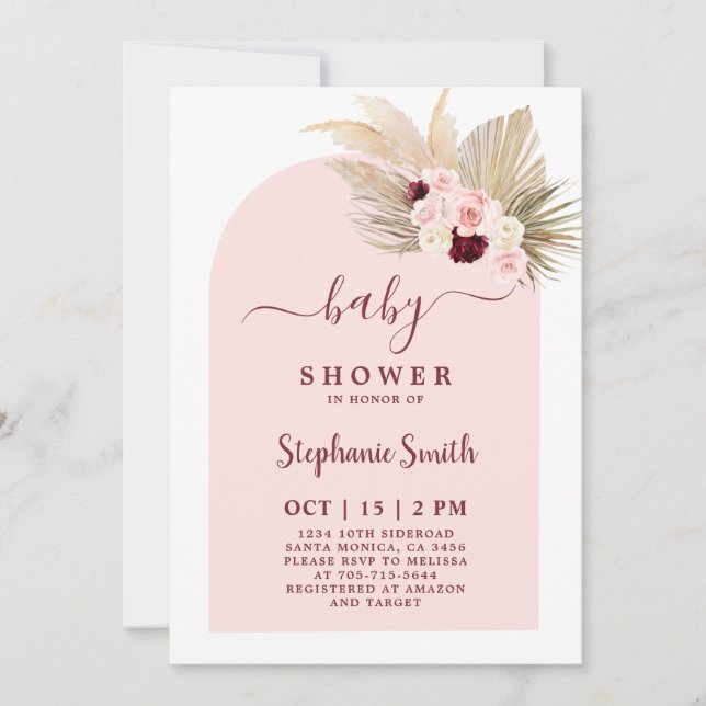 Bourgogne et Baby shower Boho rose Invitation fill (Devant)