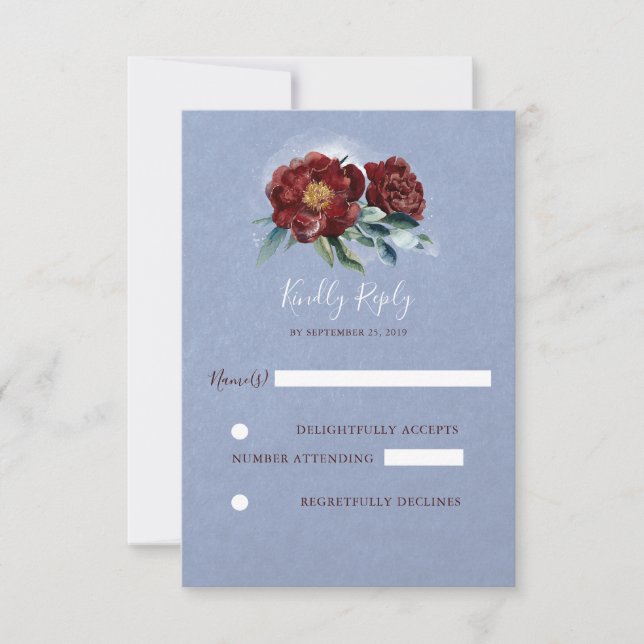 Bourgogne et bleu Aquarelle Fleurs Mariage RSVP (Devant)