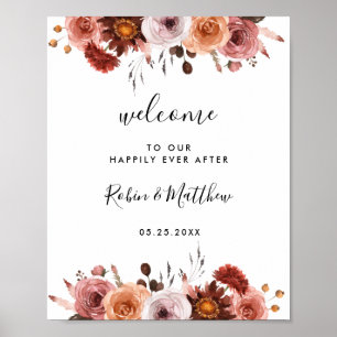 Bourgogne et Blush Floral Mariage Affiche de bienv