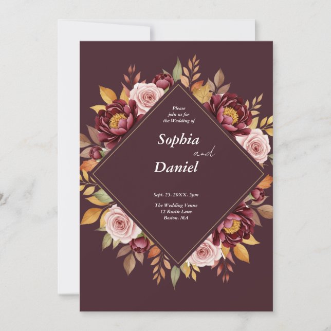 Bourgogne et Faire-part de mariage floral roux (Devant)