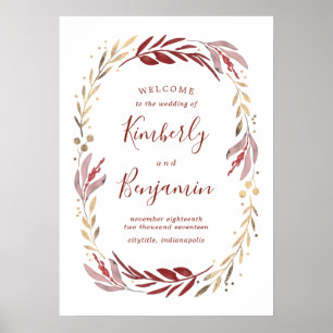 Bourgogne et Gold Elegant Mariage Affiche de bienv
