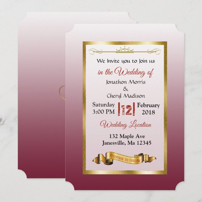 Bourgogne et Gold Gradient Mariage Invitations (Devant / Derrière)