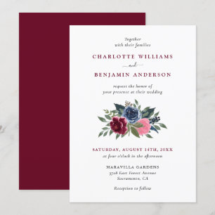 Bourgogne et marine Blue Floral Wedding Invitation