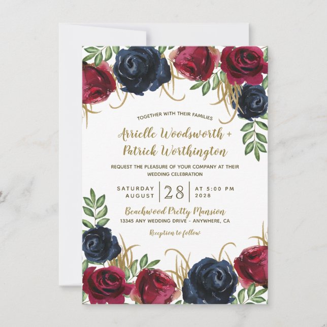 Bourgogne et marine Blue Rustic Wedding Invitation (Devant)