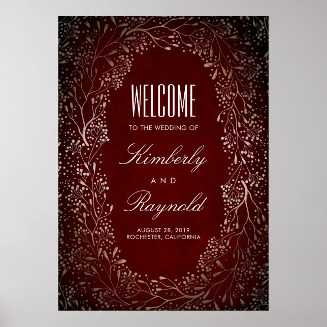 Bourgogne et or Floral Mariage Affiche de bienvenu (Devant)