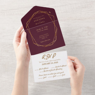 Bourgogne et or tout en un Faire-part de mariage