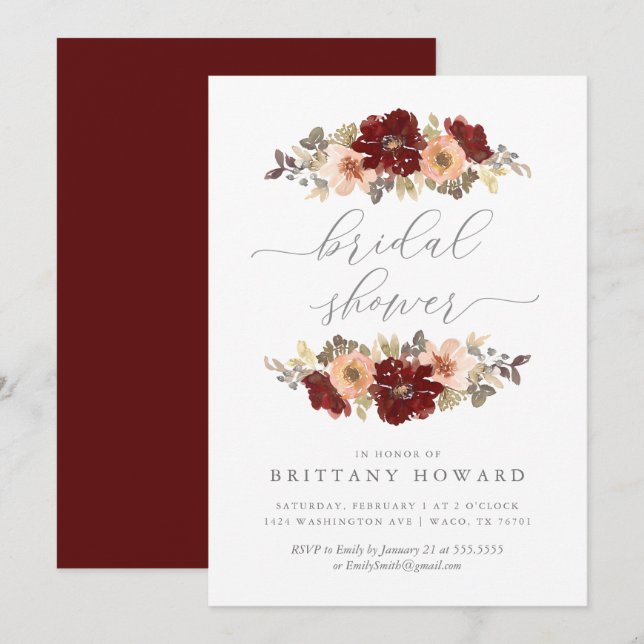 Bourgogne et Pêcher Floral Bridal Show Invitation (Devant / Derrière)