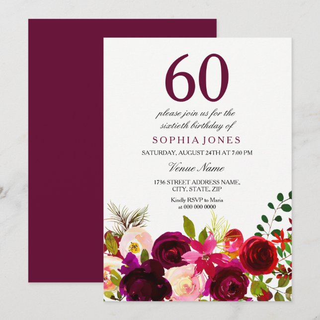 Bourgogne Fleurs 60e anniversaire Invitation (Devant / Derrière)