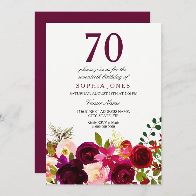 Bourgogne Fleurs 70e anniversaire Invitation (Devant / Derrière)