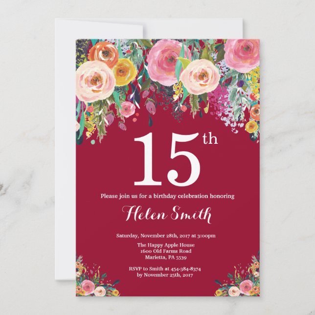 Bourgogne Floral 15e anniversaire Invitation (Devant)