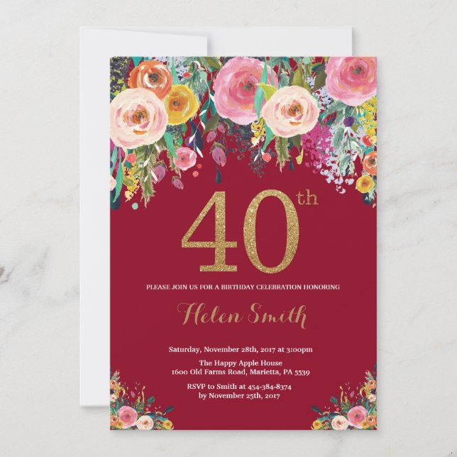 Bourgogne Floral 40e Anniversaire Invitation Or (Devant)
