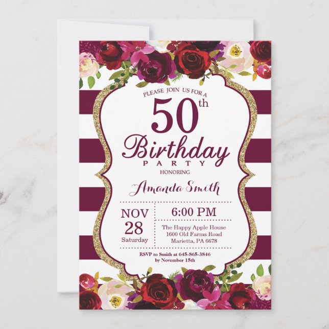 Bourgogne Floral 50e Anniversaire Invitation (Devant)