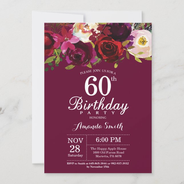 Bourgogne Floral 60e Anniversaire Fête Invitation (Devant)